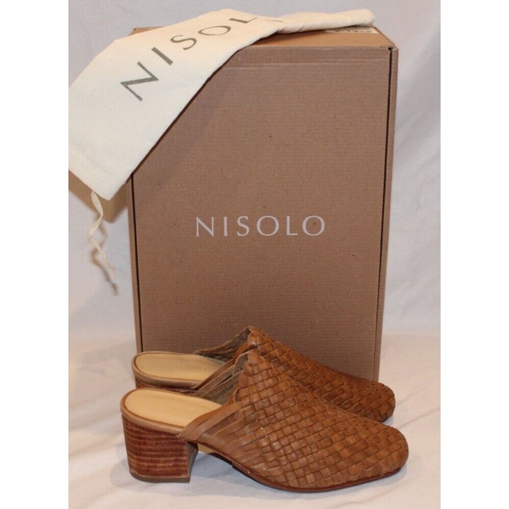 NEW Nisolo Women's Go To Woven Heeled Slip-On Mules‎ In ALMOND Leather 7.5 NIB
